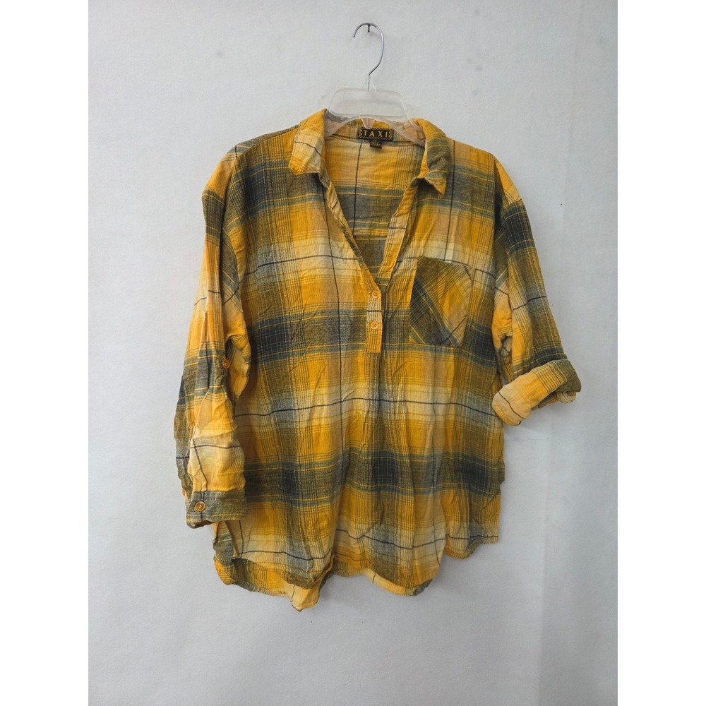Taxi Plaid Button Up Shirt Women 2X Yellow Grey Cotton Flannel Roll Tab Sleeve